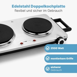 Clatronic(r) Placa dubla din otel inoxidabil | Plita cu 2 plite | 2500W | plita electrica cu manere Cool Touch | Plite cu protectie la supraincalzire | DKP 3668 E - Img 3