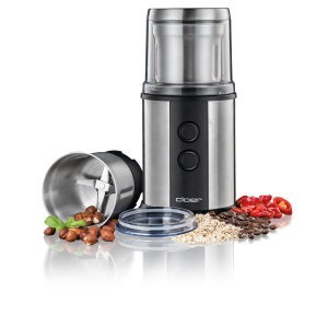 Cloer 7419 Rasnita electrica de cafea si condimente cu cutit de impact din otel inoxidabil, 350W, 2 recipiente detasabile din otel inoxidabil, pentru pesto, ierburi, nuci si cereale, boabe de cafea de pana la 80g, capac de protectie