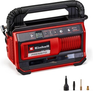 Compresor fara fir Einhell PRESSITO 18/25 Power X-Change (18 V, max. 11 bar, incl. 3 buc. Set adaptoare, inclusiv furtun de inalta presiune de 71 cm si furtun de joasa presiune de 1,6 m, fara baterie)