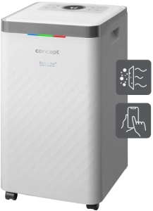 Concept OV2012 Dezumidificator cu purificator de aer Control tactil de 210 wati Sistem de filtrare cvadrupla Filtru de ionizare cu carbune activ Filtru de praf Temporizator 4 moduri de functionare Control prin aplicatie 45 dB