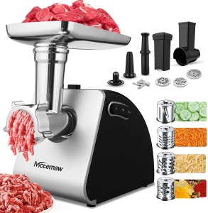 COOCHEER Masina de tocat carne electrica 5 in 1 Multi Robot de bucatarie Masina de carnati pentru tocator de carne din otel inoxidabil cu 3 discuri perforate, 4 lame conice, umplutura de carnati si atasament de patiserie pentru casa - Img 1
