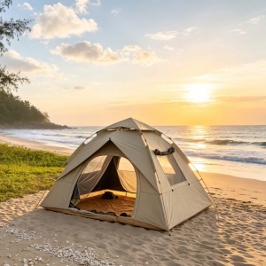 Cort de camping Relaxdays pentru 3-4 persoane, rapid de montat, UV 50, bej - Img 2