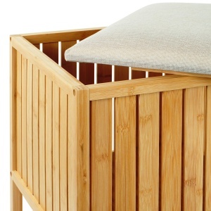 Cos de rufe Relaxdays, 52 l, bambus, scaun cu capac moale, naturalcrem - Img 5