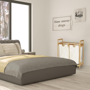 Cos de rufe Relaxdays din bambus, 60 litri, 2 compartimente, alb - Img 5