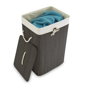 Cos de rufe Relaxdays din bambus, 83 L, negru, cu capac si pliabil