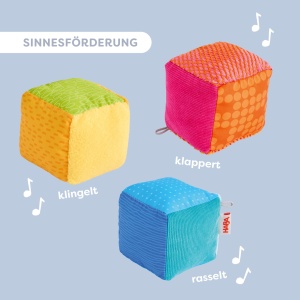 Cuburi senzoriale HABA Klangtrio pentru bebelusi, 3 cuburi colorate, joc de motricitate - Img 4