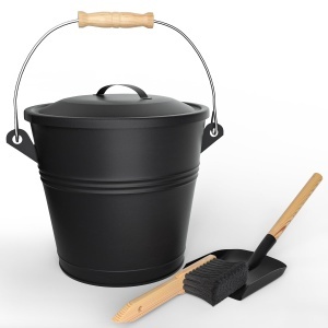 Cufar pentru cenusa VOUNOT 5L cu capac, metalic, negru, cu lopata si perie