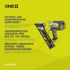 Cuie cu acumulator RYOBI 18 V ONE+ R15GN18-0 (tip cuie 1,8 mm, capacitate incarcator de 105 cuie, unghi incarcator 33-35deg, incl. 100 x cuie inclinate, 1 x clema de curea, fara baterie si incarcator) - Img 2