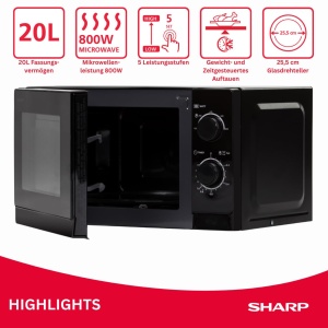 Cuptor cu microunde SHARP R200BKW, 20L, 800W, Negru - Img 3