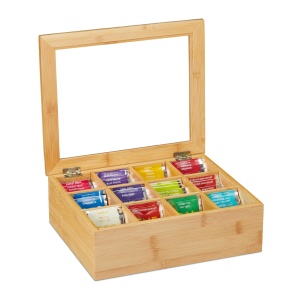 Cutie pentru ceai Relaxdays, bambus, 12 compartimente, cu fereastra, 9x28x23 cm