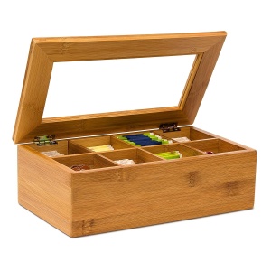 Cutie pentru ceai Relaxdays din bambus, 8 compartimente, cu fereastra, 9x28x16 cm