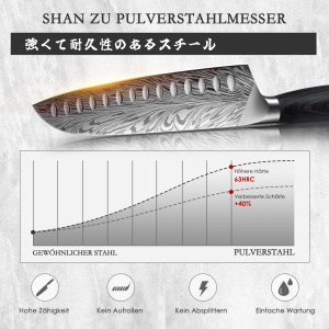 Cutit de bucatarie din otel pulbere SHAN ZU, cutit de bucatar japonez Cutit Santoku, cutit de bucatar profesional de 18 cm cu continut ridicat de carbon, cutit de bucatarie ascutit cu maner ergonomic din lemn Pakka - Img 6