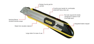 Cutit de taiere Stanley FatMax cu incarcator 0-10-486 (latime a lamei de 25 mm, lungime de 215 mm, ghidaj al lamei din otel inoxidabil, cu ciocan de lama, inclusiv 4 lame de prindere) - Img 5