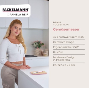 Cutit pentru legume Fackelmann x Pamela Reif lama zimtata 12 cm maner ergonomic pastel roz - Img 3