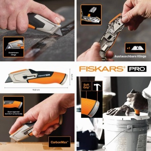 Cutit universal Fiskars CarbonMax cu lama retractabila, 17,7 cm, negruorange - Img 2