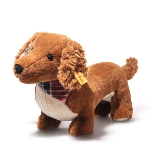 Dackel de Plus Steiff Waldi 30cm, Caine Moale cu Granulat, Halstuch Colorat - Img 2