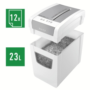 Distrugator de documente Leitz IQ Slim Office S P4 Alb Capacitate 12-14 coli Particule 4x28 mm 23L - Img 5