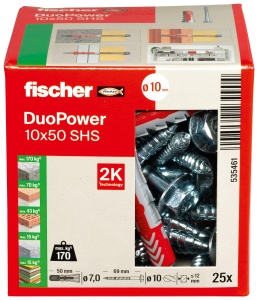 Dublu de fixare fischer DUOPOWER 10 x 50 S, 25 bucati, cu suruburi de siguranta - Img 2