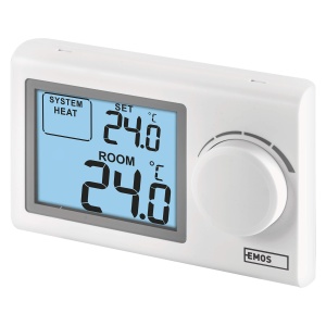 EMOS - termostat digital de camera cu afisaj LCD - manual, cu fir - sisteme de incalzire si racire - control al temperaturii 5-35 degC - montare pe suprafata - operare usoara - baterie incl. - alb