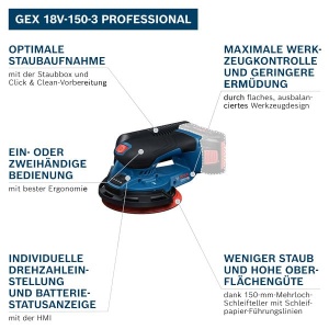 Excentric cu bateria Bosch GEX 18V-150-3, 18V, Ergonomie excelenta, 3 mm oscilatie - Img 2