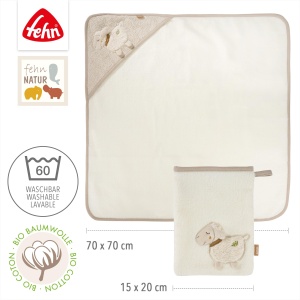 Fehn Bade Set Schaf Natur 046151 Prosop cu Gluga si Manusa din Bumbac Organic pentru Bebelusi - Img 4