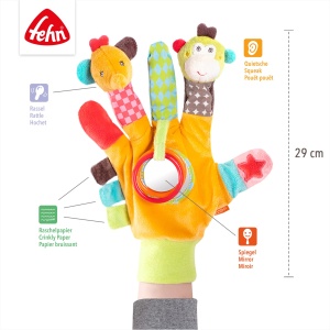Fehn Play Glove Safari - Papusi cu deget, jucarii pentru copii, maimuta si elefant pentru a apuca si scoate sunete - Papusi de mana pentru copii si bebelusi de la 0+ luni - Manusa de papusa cu jucarie de prindere si zornaitor - Img 4
