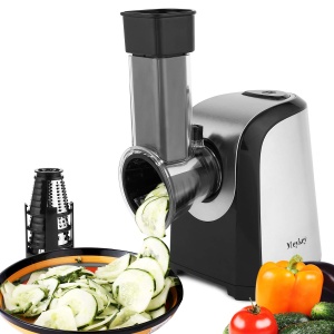 Feliator electric de legume Voluker, Schnitzelwerk electric, Razatoare multifunctionala, Gratar pentru legume, 150 wati, tamburi din otel inoxidabil, 4 lame conice (argintiu)