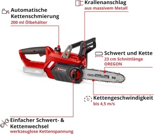 Ferastrau cu lant cu acumulator Einhell GE-LC 18/25 Li-Solo Power X-Change, functioneaza cu baterii (litiu-ion, 18V, bara/lant de calitate OREGON, protectie impotriva reculului, stift de prindere a lantului, fara baterie si incarcator) - Img 3