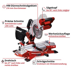 Ferastrau transversal cu acumulator Einhell TE-MS 18/210 Li-Solo Power X-Change (18 V, max. 60 mm x 120 mm adancime/latime de taiere, panza de ferastrau O 210 mm, cap de ferastrau basculant, laser, fara baterie) - Img 4