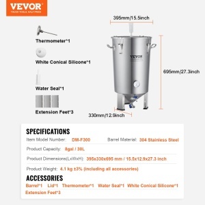 Fermentator bere VEVOR DM-F300 din otel inoxidabil, 30 L, cu termometru - Img 7