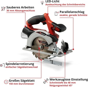 Fierastrau circular cu acumulator Einhell TE-CS 18150 Li-Solo 18V LED reglare fara scule - Img 3