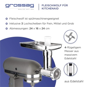 Fleischwolf KFW 500 din inox pentru KitchenAid compatibil spalare in masina de vase - Img 2