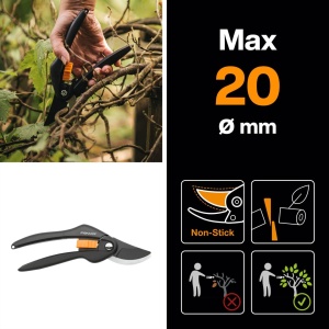 Foarfece de gradina Fiskars Bypass pentru ramuri si crengute proaspete, acoperite cu ecran antiaderent, lame din otel de inalta calitate, lungime: 20 cm, negru/portocaliu, SingleStep, P26, 1000567 - Img 2
