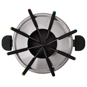 Fondue Cloer 6679 pentru 8 persoane, oala din aluminiu acoperit, inclusiv protectie impotriva stropilor, 8 furculite cu coduri de culoare 1,5 litri, 1000 W, argintiu, negru - Img 6