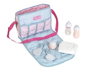 Geanta pentru papusi Theo Klein Baby Coralie, accesoriu cu sticluta, perie si scutec, rosie