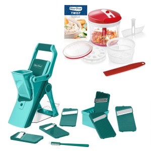 Genius Nicer Dicer Mando inclusiv Twist Legume Slicer 21 buc., Feliator de legume Manual in picioare cu bazin de colectare 6 insertii Ceapa Cartofi prajiti Feliator de salata, Extractor de salata - Img 1