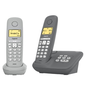 Gigaset A280A Duo - 2 telefoane fara fir DECT cu robot telefonic pentru cea mai buna comunicare cu afisaj grafic mare, calitate audio perfecta si functie hands-free, Gri + Gri Medio