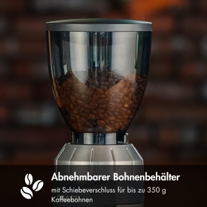 GRAEF. CM800 - Rasnita electrica de cafea, carcasa din aluminiu, recipient pentru boabe 350g, rasnita conica din otel inoxidabil, 40 de macinari, portafiltru pentru rasnita de cafea, insertie antistatica, roata cu palete din aluminiu, 128 W, argintiu - Img 6