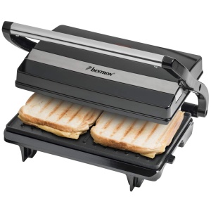 Gratar electric de contact Bestron cu tava de picurare, sandwich cu maner cool-touch, paninimaker cu strat antiaderent, 700 wati, APM123Z, culoare: negru, 22,5 x 14 cm