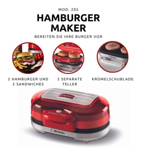 Grill electric Ariete Hamburger Maker Party Time 205 1200W Placi antiaderente Rosu - Img 2