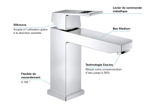 GROHE Eurocube - Mixer pentru lavoar cu o singura parghie (M-Size, cu limitator de temperatura, montare cu o singura gaura), crom, 23446000 - Img 3