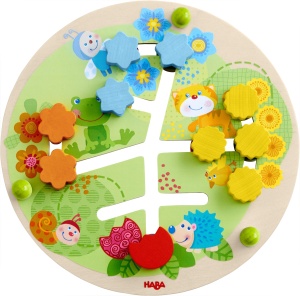HABA 303852 - Flori de tabla de abilitati motorii jucarii din lemn de la 12 luni distractie amuzanta de alunecare cu motiv de pajiste de flori colorat