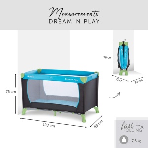 hauck Pat de calatorie pentru copii Dream N Play de la nastere pana la 15 kg, Mic pliabil cu landou si fund pliabil, suprafata de culcare 120 x 60 cm (Albastru apa) - Img 3