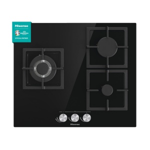 Hisense GG633B - Plita pe gaz natural, 3 zone, 60 cm, gratar din fonta si sticla securizata neagra, aprindere automata, integrat in comenzi, oprire gaz de siguranta, curatare usoara