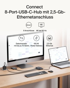Hub USB-C Belkin 8-in-1, 100 W, 4K la 60 Hz, Ethernet 2,5 Gbits, Negru - Img 2