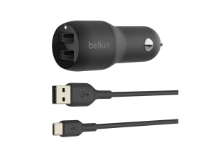Incarcator auto Belkin Boost Charge, 24W, 2 porturi, cablu USB-C inclus
