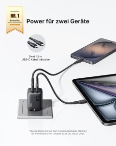 Incarcator rapid INIU 30W USB-C cu cablu de 1,5m, 2 porturi, negru - Img 2