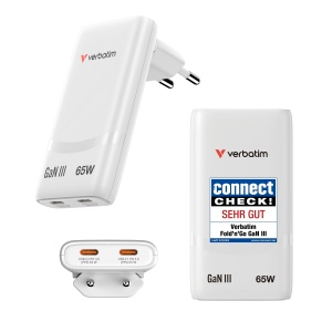 Incarcator Verbatim FoldnGo 65W GaN, 2x USB-C, Alb, Compact