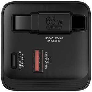 Incarcator Verbatim GaN 65W cu 2 porturi, cablu USB-C retractabil, negru - Img 2