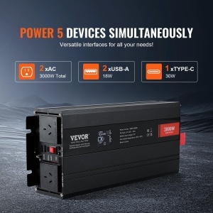 Inversor de tensiune VEVOR SGPE-3000W, 3000W, 12V DC, 230V AC, 2 prize AC, 2 USB - Img 4